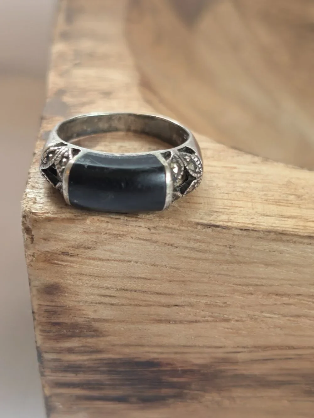 Vintage Sterling Silver 925 Black Onyx Marcasite Ring Size 7
